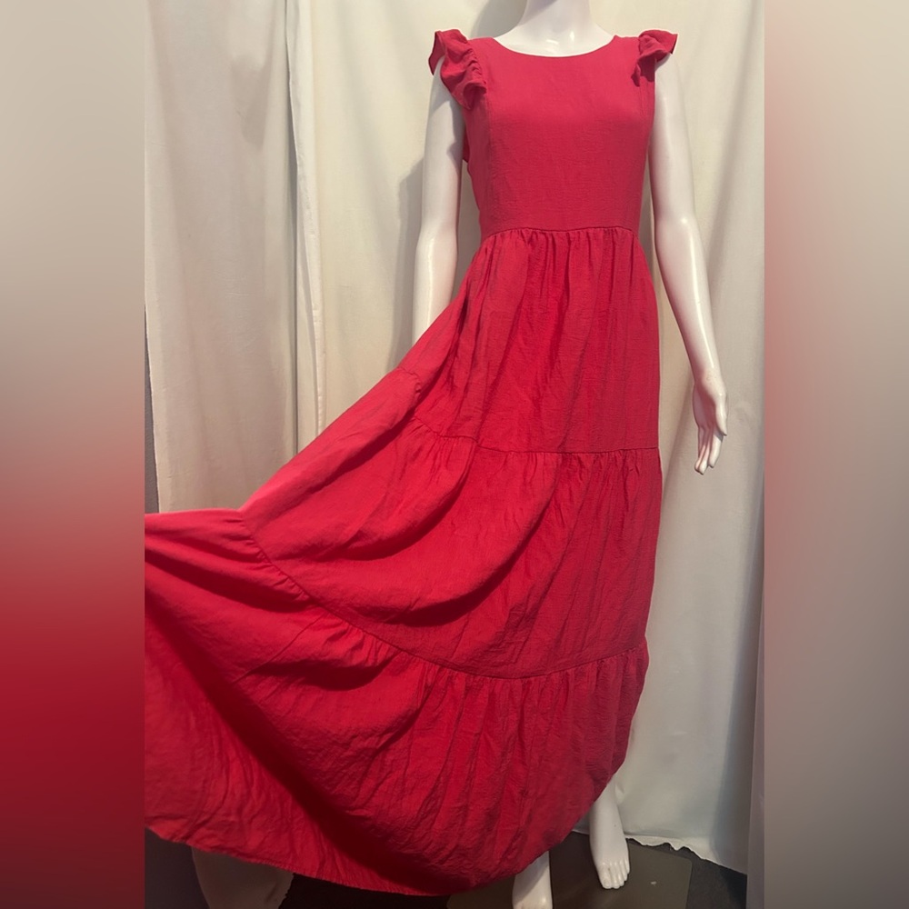 CeCe L Hot Pink Ruffle Tiered Flowy Tie Back Maxi Dress Summer Boho Barbiecore